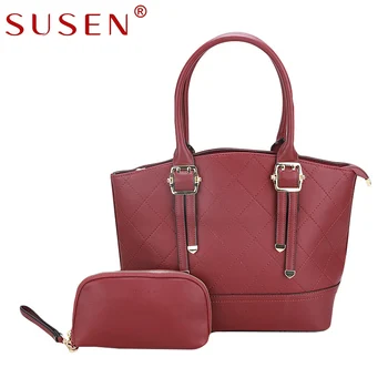SUSEN Women 2Sets PU Leather Diamond Lattice large Capacity Tote Bag Handbag Soft Solid Zipper Wristlets Clutches Y