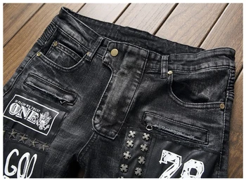 2017 New Personality Hole Beggars Black Jeans Patch Rivets Hole Fashion Men's Small Straight Stitch Pattern Jeans