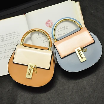 Fashion stitching color design Genuine Leather mini chain shoulder bag ladies handbag saddle bag female crossbody messenger bag