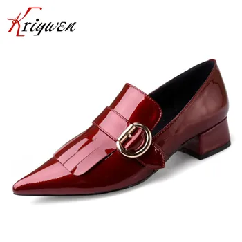 2017 Spring buckle genuine leather pointed toe pumps wine red ,black thick low heels shoes women female autumn tassel lady pumps