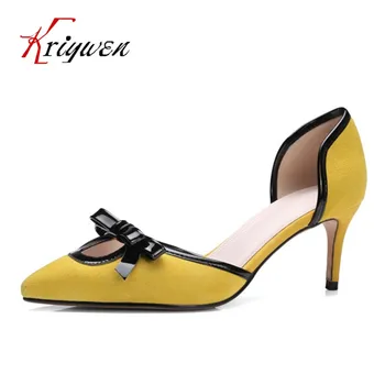 2017 Spring D'orsay shoes suede 7cm thin high heeled pumps for female sweet sexy woman shoes for party yellow dress bowtie pumps