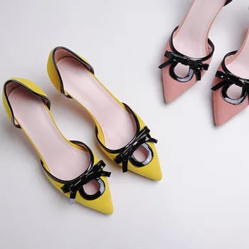 2017 Spring D'orsay shoes suede 7cm thin high heeled pumps for female sweet sexy woman shoes for party yellow dress bowtie pumps