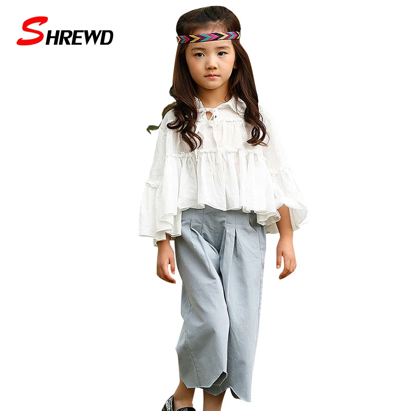 2017 Spring Girls Set Fashion Frills Solid Color T-shirt Kids Long Sleeve+Kids Pants Elastic Waist Simple 2 Pieces Clothes 4749W