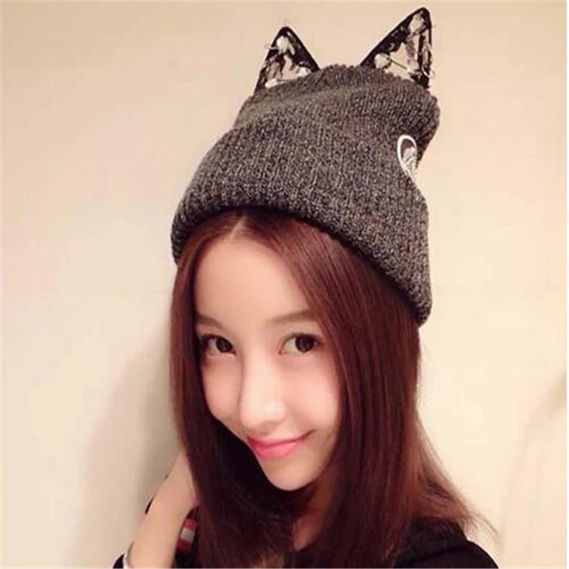 Korean Fashion Lady Girls Winter Warm Knitting Cat Ear Beanie Skullies Hat Caps Black Gray Winter Crystal Hats Women