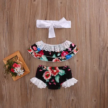 3PCS Newborn Baby Girl Floral Clothes Set 2017 Summer Off shoulder Ruffles Lace Cropped Top Tanks+Baby Bloomers Shorts Outfits