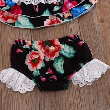 3PCS Newborn Baby Girl Floral Clothes Set 2017 Summer Off shoulder Ruffles Lace Cropped Top Tanks+Baby Bloomers Shorts Outfits