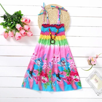 Belababy Summer Bohemian Beach Girls Dress With Beading Necklace Sundress Floral Sling Dress For Girl Vestido Infantil