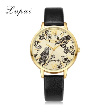 2016 Lvpai Brand Fashion Women Watches Leather Strap Black Quartz Watch Bird Dress Ladies Casual Crystal Sports Wristwatch
