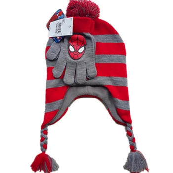 2017 New Knit Gloves + Hat Children's Winter Cartoon Spiderman Glove Hat Sets Fashion Kids Boy Girl Warm Knitted Caps