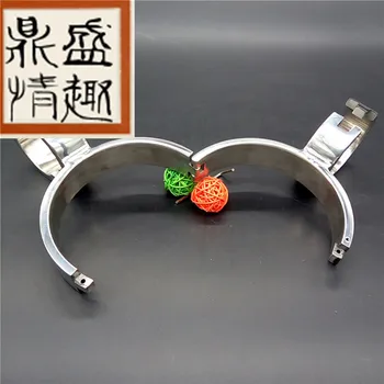 Newest Stainless steel hand neck collar even parallel handcuffs for sex bondage collar steel slave collars Erotic Toys for man