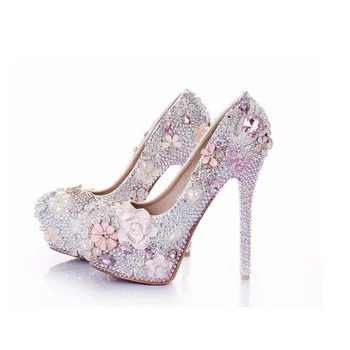 Customize Luxurious New Fashion Rhinestone Flower Women Wedding Soes Crystal Pearls Platforms Party Pump Prom Shoes YJM005