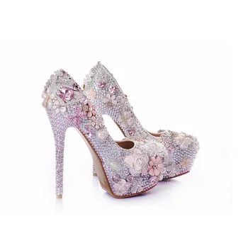 Customize Luxurious New Fashion Rhinestone Flower Women Wedding Soes Crystal Pearls Platforms Party Pump Prom Shoes YJM005
