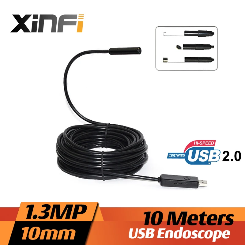 Xinfi 10mm 1.3MP USB Endoscope 10M cable mini sewer camera Borescope for PC windows USB pipe camera Snake Camera car inspection