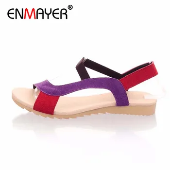 ENMAYER New Flats Heel Women Sandals Genuine Leather Sandal Ladies Mix Colors Wholesale Low Price Causal Shoes