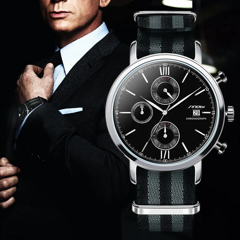 SINOBI Sports Chronograph Men Wrist Watches NATO Strap Nylon Watchband Luxury Military Males Geneva Quartz Clock James Bond 007