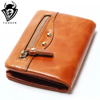 Retro Cow Genuine Leather Women Fashion Solid Hasp Wallets Oil Wax Leather Women Wallet Lady Short Card Holder Purse