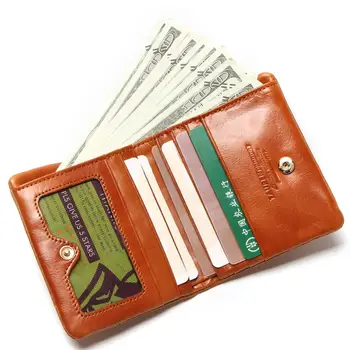 Retro Cow Genuine Leather Women Fashion Solid Hasp Wallets Oil Wax Leather Women Wallet Lady Short Card Holder Purse