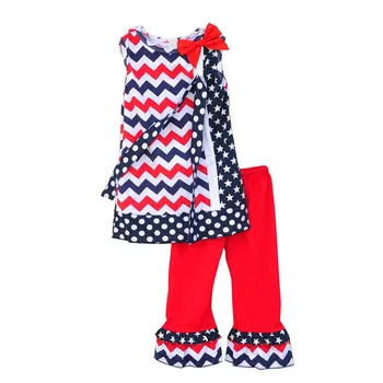 The July 4th Carnival Costume Children Clothes Chevrn Sleeveless Tops Red Ruffle Pants Stars Print Toddler Girl Clothing J008