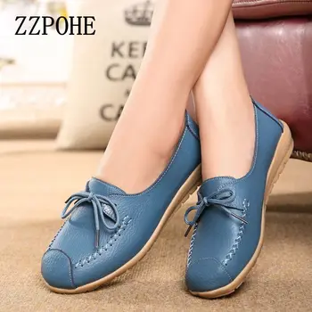 ZZPOHE spring and autumn new lace mother Flat shoes fashion shallow mouth Peas shoes tendon casual Women Leather shoes 35-40