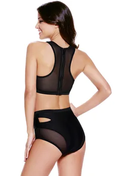 2016 Women Black Mesh Zipper Spicy Racer Bikini Set slimming Girl Beach Swimwear 2 pcs Swimsuits Sexy High Waist Bathing Suits