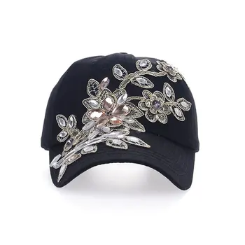2016 Vintage Style Adjustable Hat Floral Embroidery Rhinestone Curved Baseball Cap For Women B038