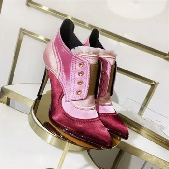 2017 Autumn Women Shoes Silk Slip-On Metal Decoration Mixed Colors Botines Mujer Ankle Rubber Pointed Toe Shoes Boots For Women