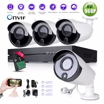 1TB Hard Drive 4CH H.264 NVR 960P PoE Network IP66 Outdoor Security IP Camera Home Surveillance Kit remote monitoring