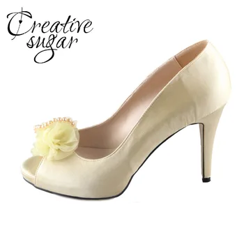 Creativesugar Handmade light soft yellow pink 3D flower pearl woman pumps open toe fairy tale bridal quinceanera dress shoes