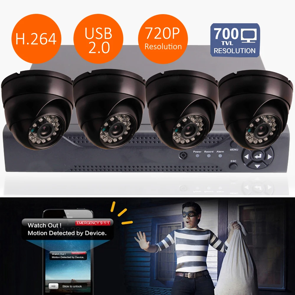 4CH 700TVL H.264 HDMI 3.6mm CCTV DVR 4Pcs IR Indoor Home Security Dome Camera System kit remote monitoring support onvif