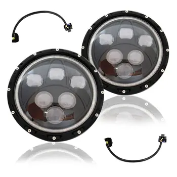 7'' LED Headlight 60W H4 H/L With Blue Angel Eyes DRL Halo For Jeep Wrangler