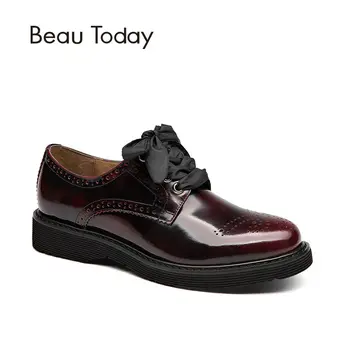 BeauToday Genuine Leather Derby Shoes Women Brogue Style Lace-Up Round Toe Ladies Flats Get 3 Kinds of Shoelaces 21083