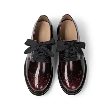 BeauToday Genuine Leather Derby Shoes Women Brogue Style Lace-Up Round Toe Ladies Flats Get 3 Kinds of Shoelaces 21083