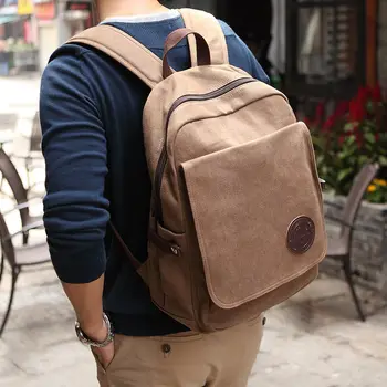 Trendy Simple Canvas Backpack Men Fashion Solid Color Laptop Travel Backpack Men Casual Preppy Style Plain School Bag