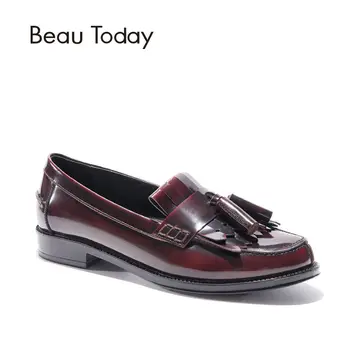 BEAU Genuine Leather Loafer Women Round Toe Slip-On Casual Shoes with Fringes Patent Leather Flats 27029