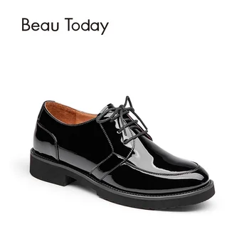 BeauToday Genuine Leather Brogue Shoes Spring Autumn Lace-Up Round Toe Calfskin and Patent Leather Ladies Office Shoes 21074