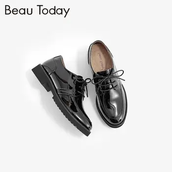 BeauToday Genuine Leather Brogue Shoes Spring Autumn Lace-Up Round Toe Calfskin and Patent Leather Ladies Office Shoes 21074