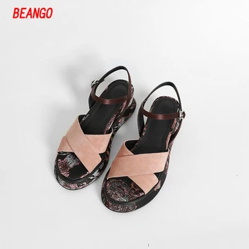 BEANGO Summer Casual Mixed Color Women Shoes Buckle Strap Open Toe Sandal Flat Platforms High Wedges Leather Fashion Sandals