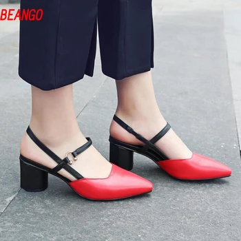 BEANGO 2017 Genuine Leather Women Sandals Mixed Colored Med Heel Summer Shoes Square toe Strange Heels Sandals Size 34-39EU
