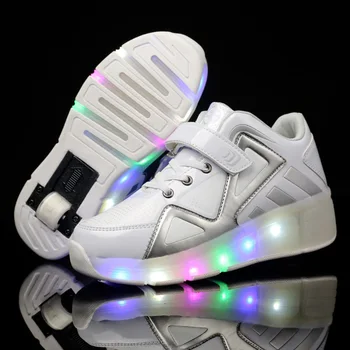 PU leather Single Wheel Glowing Sneaker LED Light Casual Shoes Boys Girls Little Kids/Big Kids Flashing Board Rechargeable 28-40