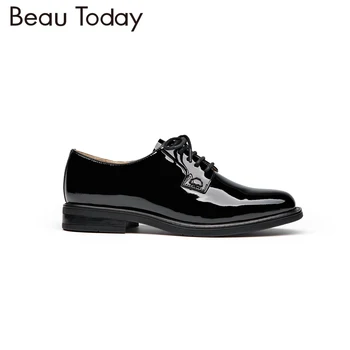 BeauToday Genuine Leather Derby Shoes Women Spring Autumn Round Toe Lace-Up Patent Leather Ladies Office Flats 21088