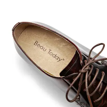 BeauToday Genuine Leather Derby Shoes Women Spring Autumn Round Toe Lace-Up Patent Leather Ladies Office Flats 21088