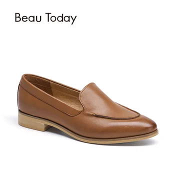 Beau Today Genuine Leather Casual Loafers Women Waxing Calf Leather Shoes with Pointed Toe 27011