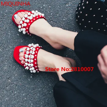 New Collection Summer Pearl Beading Slide Sandals Open Toe Suede Pearl Studded Fashion Shoes Slippers Runway Street Sandals
