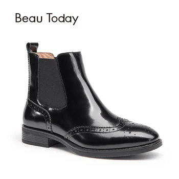 BEAU Genuine Leather Chelsea Boots Women New Fashion Patent Leather Elastic Ankle Brogue Style Shoes 03045