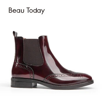 BEAU Genuine Leather Chelsea Boots Women New Fashion Patent Leather Elastic Ankle Brogue Style Shoes 03045