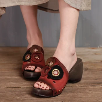 Original Design Handmade Genuine Leather Women Vintage Slides 2017 Summer Peep Toe Holes Studded Thick Heel Slippers Shoes