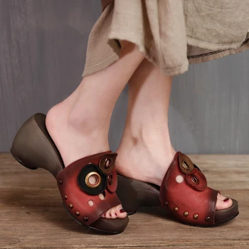 Original Design Handmade Genuine Leather Women Vintage Slides 2017 Summer Peep Toe Holes Studded Thick Heel Slippers Shoes