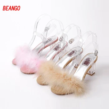 BEANGO Transparency Crystal High Heels Fur Sandals Summer Shoes Women Open Toe Square Heels Ankle Strap Sweet Sandals Shoes