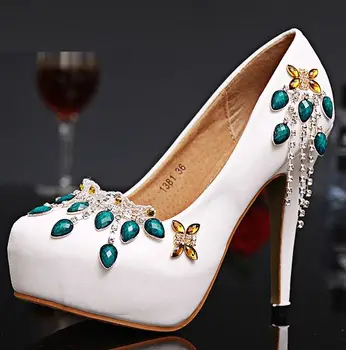 New design fashion white wedding shoes with green stones decoration rhinestones tassels bridal brides shoes high heels TG361