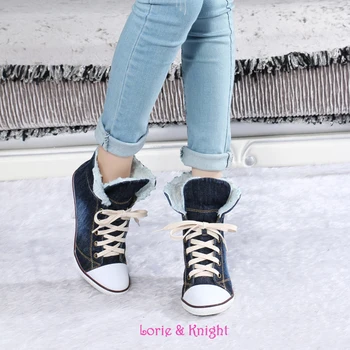 Ladies Blue Denim Warm Plush Winter Canvas Shoes High Heels Lace-up Fashion Casual Jean Shoes